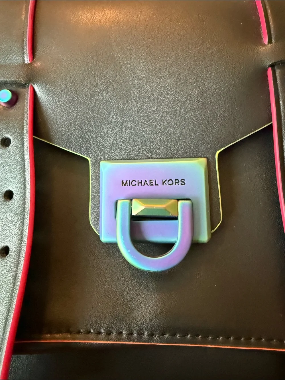 Michael Kors Manhattan Black Leather Satchel Rainbow Hardware EUC